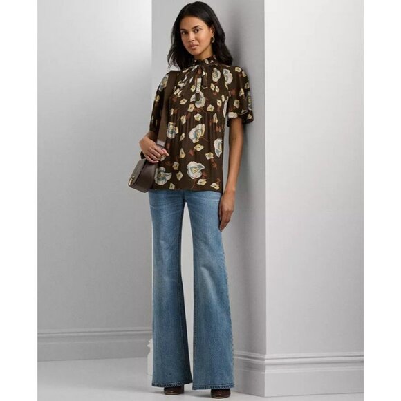 Lauren Ralph Lauren Womens XL Floral Brown Pleated Blouse Top Short Sleeve - Picture 1 of 16